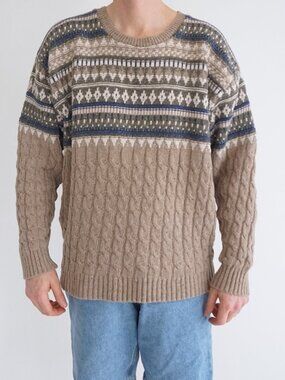 Vintage Unbranded Taupe Fair Isle Cable Wool Blend Grandpa Fisherman Sweater XL